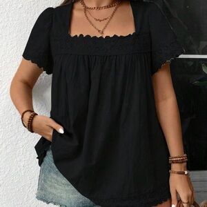 SHEIN Black Square Neck Lace Blouse